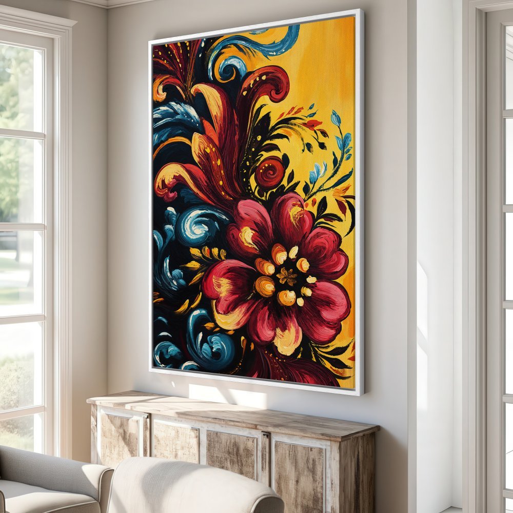 Framed Wall Art: Vibrant floral Canvas Print in a bold, abstract style. Features a rich palette of red, yellow, and blue hues. Perfect for adding color!