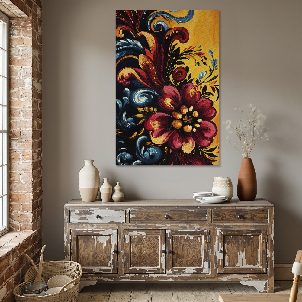 Framed Wall Art: Vibrant floral painting in warm red, yellow, and blue hues. Perfect for adding a pop of color and style to your dining room.