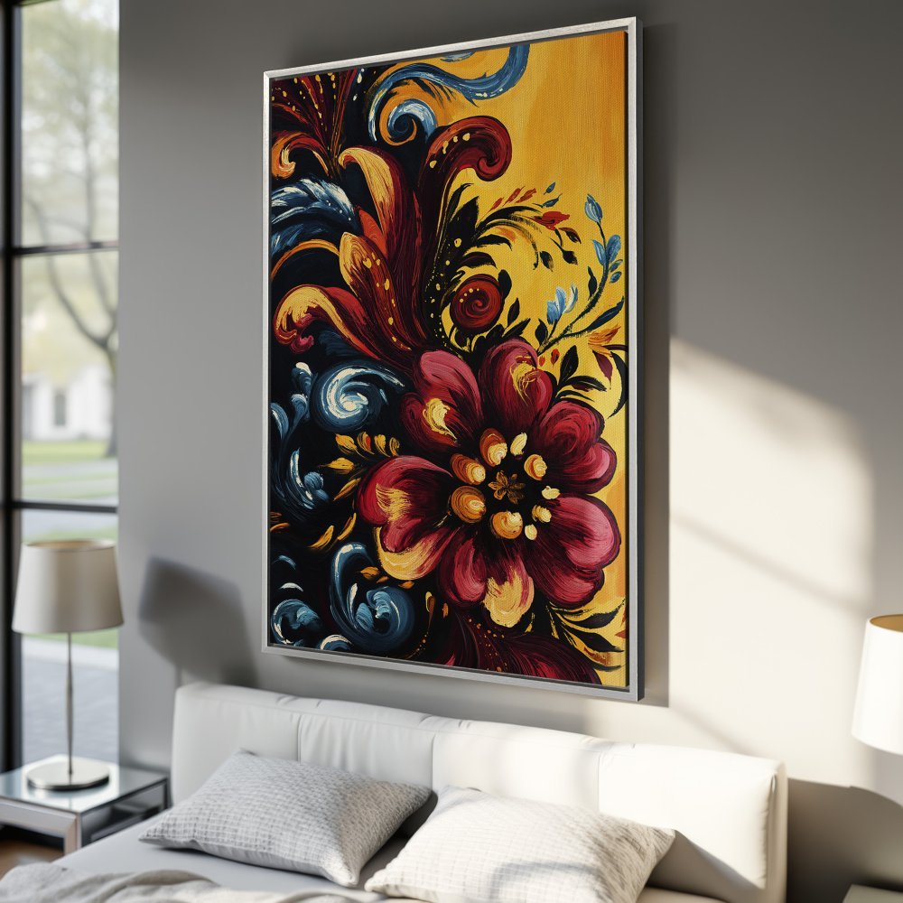 Vibrant Canvas Print featuring a floral design in a bold, painterly style. Rich red, gold, and blue hues add a pop of color to any room.