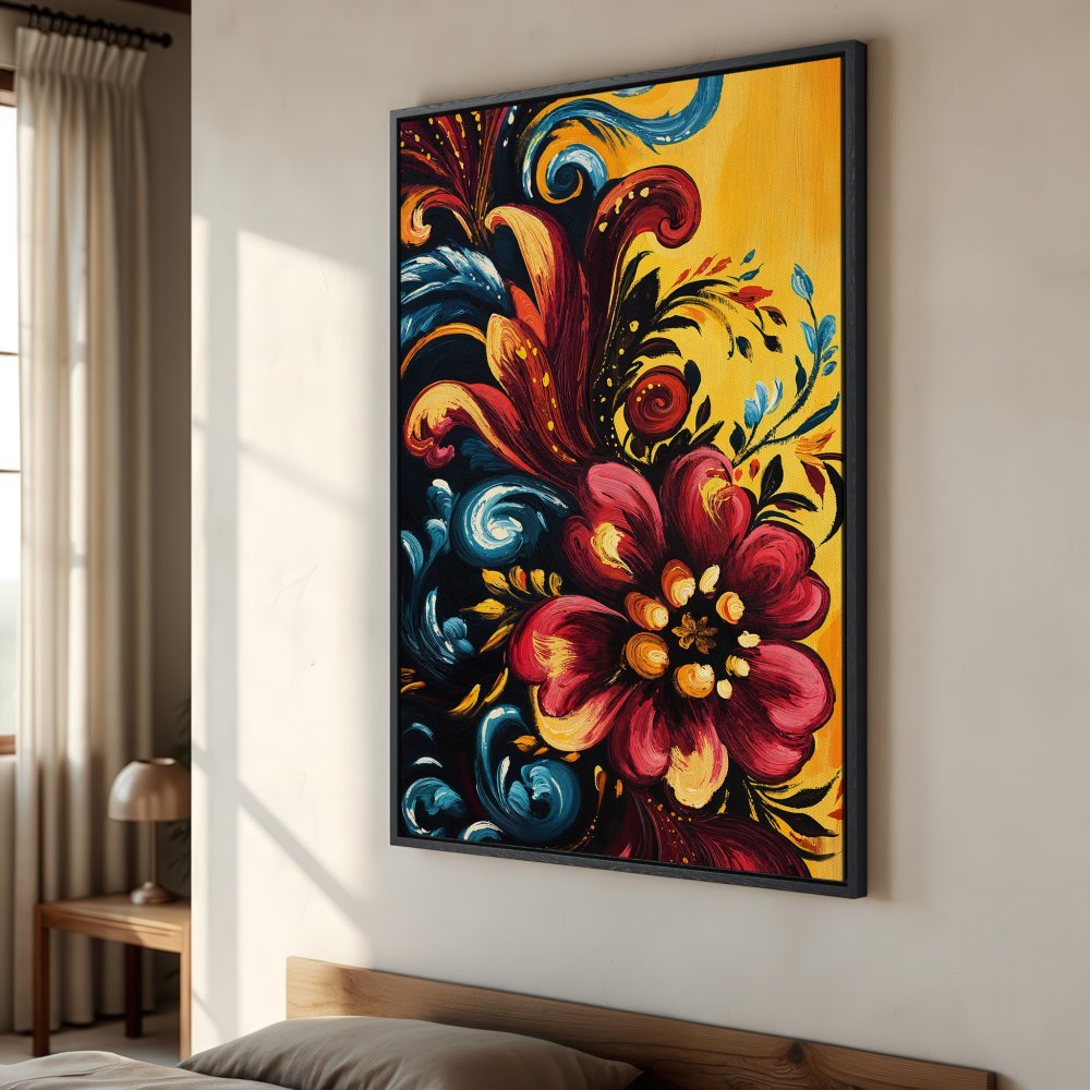 Framed Wall Art: Vibrant floral Canvas Print with bold red, yellow, and blue hues. Perfect for adding a pop of color and artistic flair to your home decor.