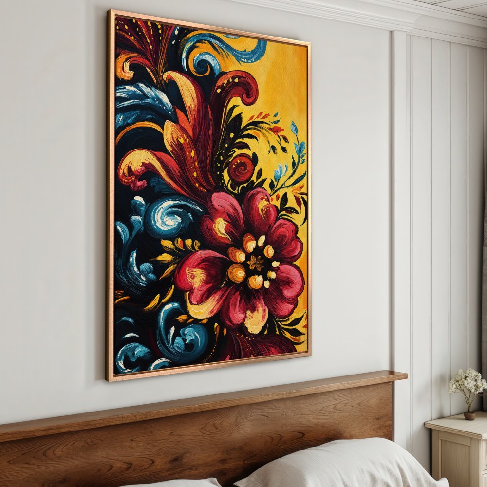 Framed Wall Art: Vibrant floral painting with a bold red, yellow, and blue palette. Add a touch of artistic flair to your space with this stunning Canvas Print!