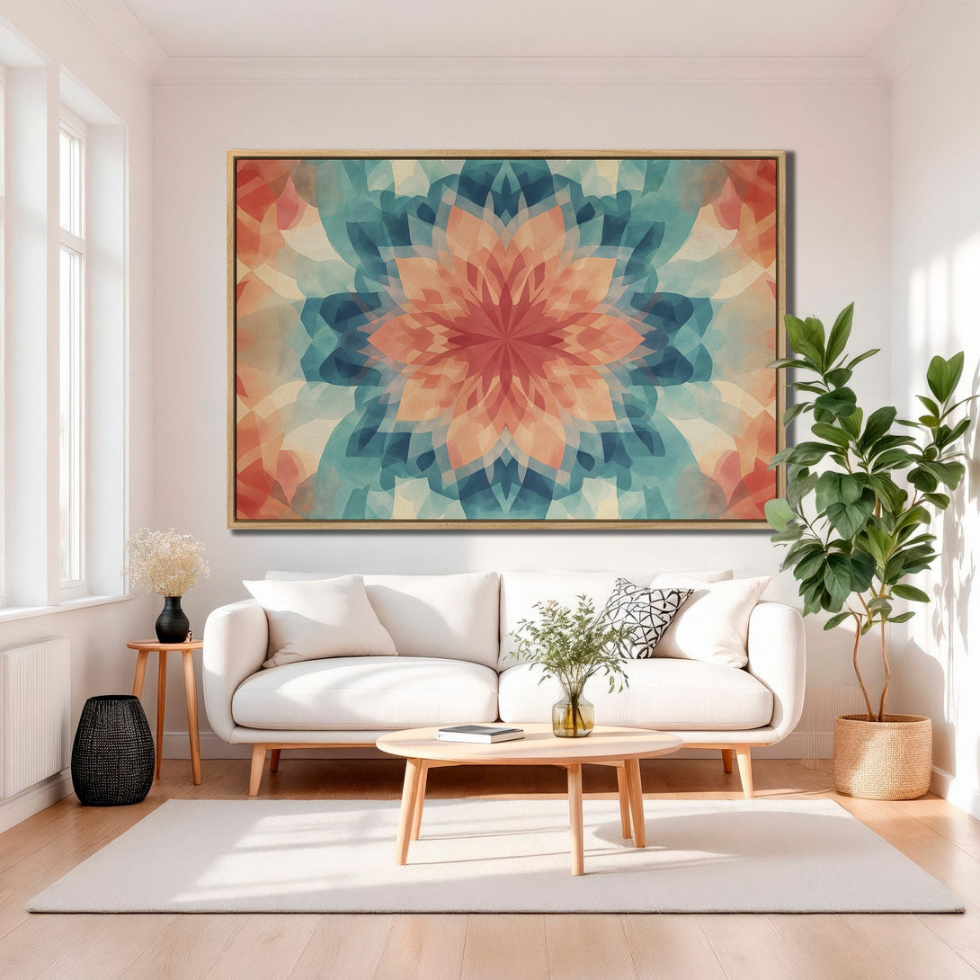 Framed Wall Art featuring an abstract floral design in a warm, inviting color palette of coral, teal, and beige, perfect for modern home decor.