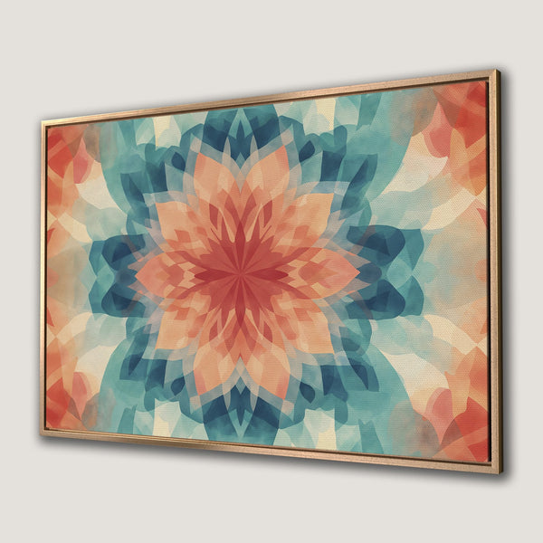 Framed Wall Art featuring a vibrant abstract floral design in a modern style with a warm, inviting color palette of coral, teal, and beige.