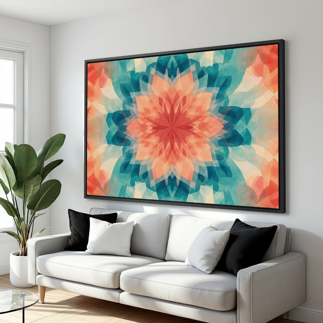 Framed Wall Art featuring an abstract floral design in a vibrant teal, orange, and cream color palette. Perfect for adding a pop of color to any space.