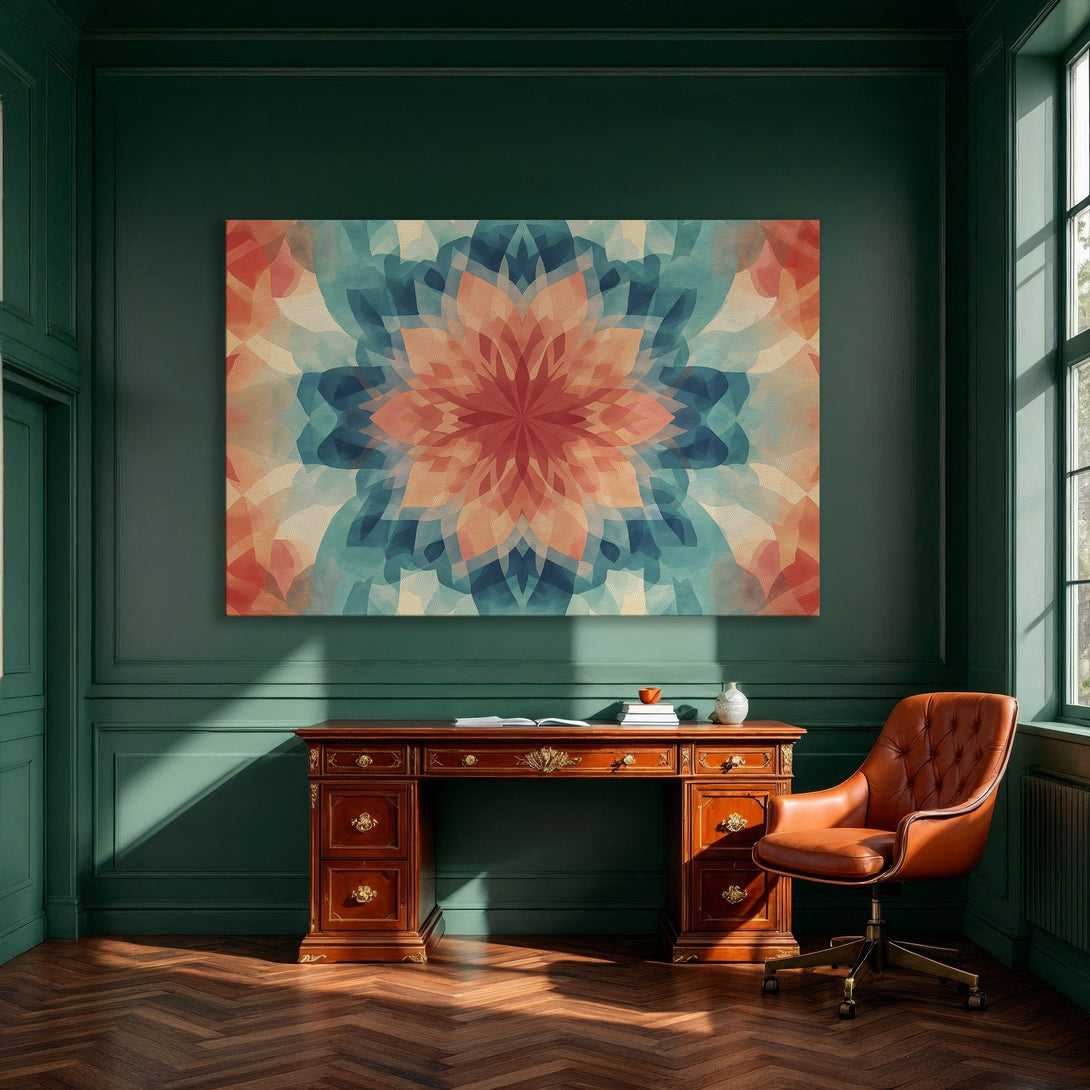 Framed Wall Art: Abstract floral design in teal, coral, and beige. Modern canvas print adds a pop of color to any dining room.