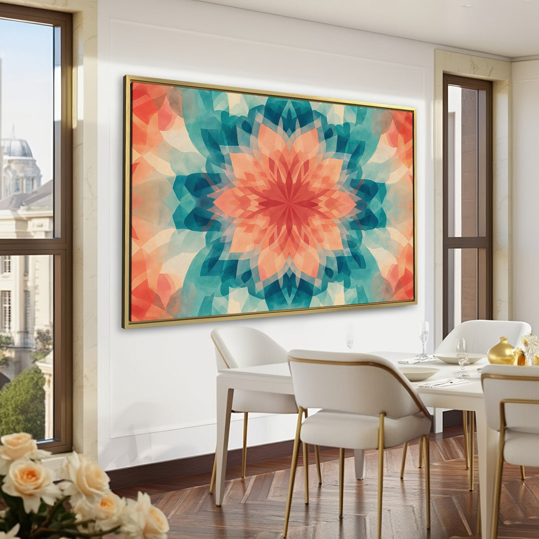 Canvas Print of a floral abstract art piece in a teal, orange, and blue color palette. Modern wall art for your home decor.