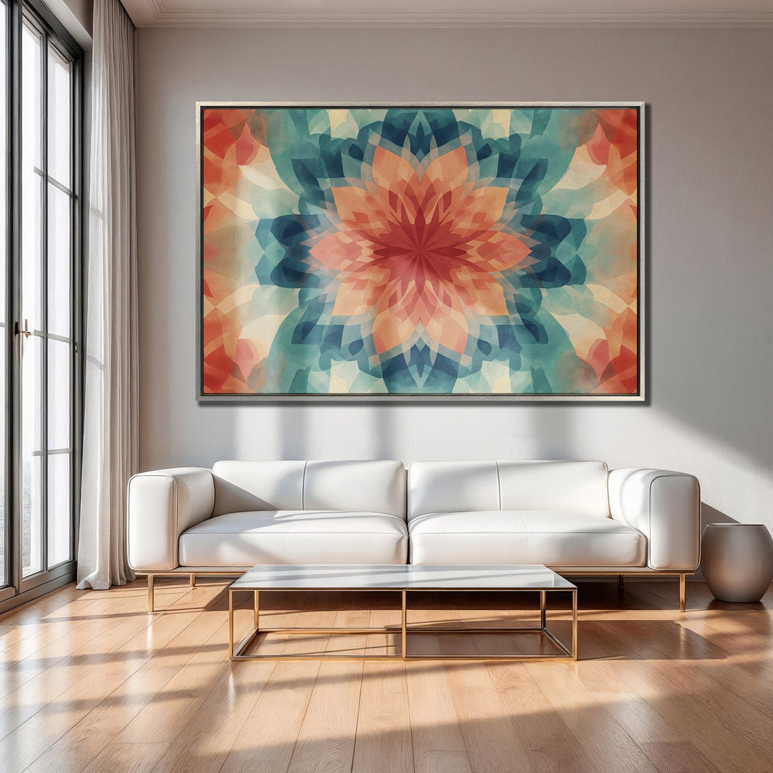 Framed Wall Art featuring a vibrant abstract floral design in warm orange, teal, and blue tones. Modern decor for any living space.