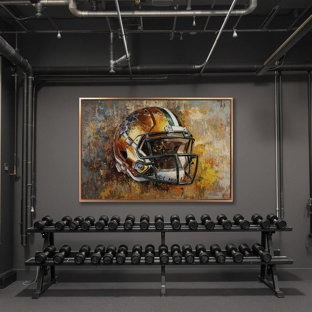 Framed Wall Art: Abstract football helmet in warm tones. Adds a pop of color and style to any space. Perfect for sports fans!