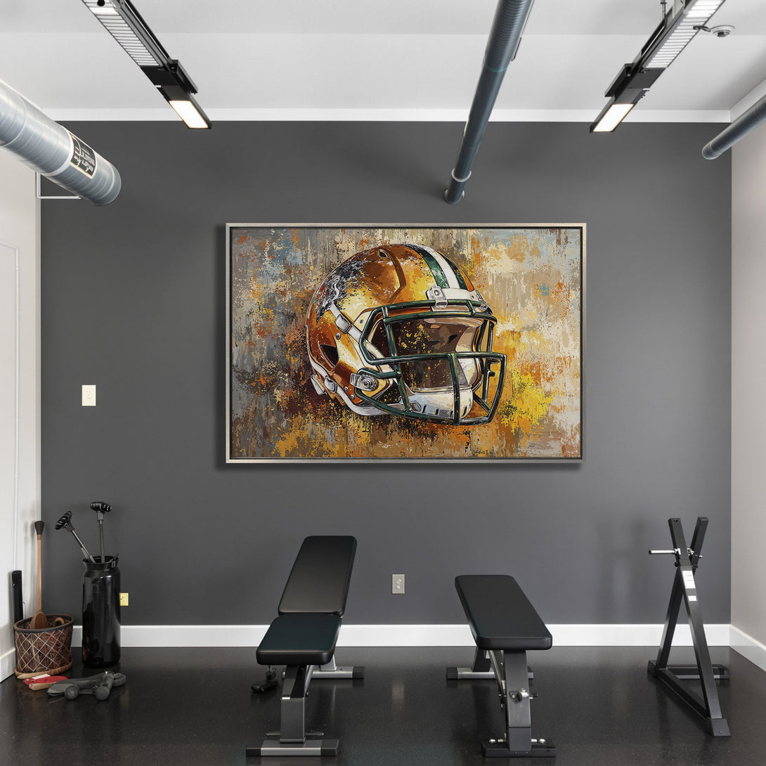 Framed Wall Art: Abstract football helmet painting in a modern gym. Features warm orange, yellow, and green hues. Add a touch of sports art to your space!