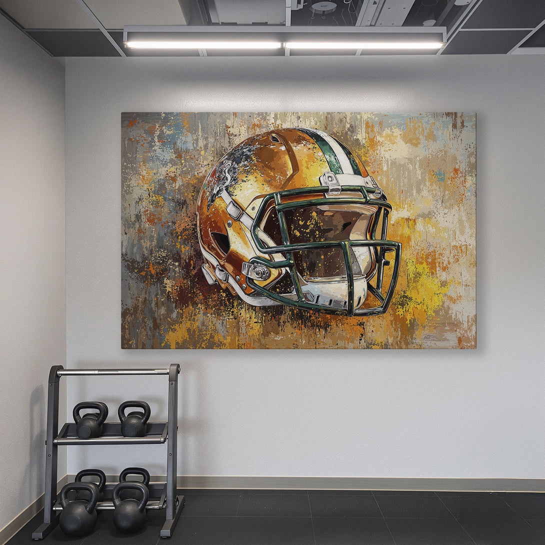 Framed Wall Art: Abstract football helmet art in a gym. Warm orange, gold, and green palette. Elevate your space with this stylish Canvas Print.