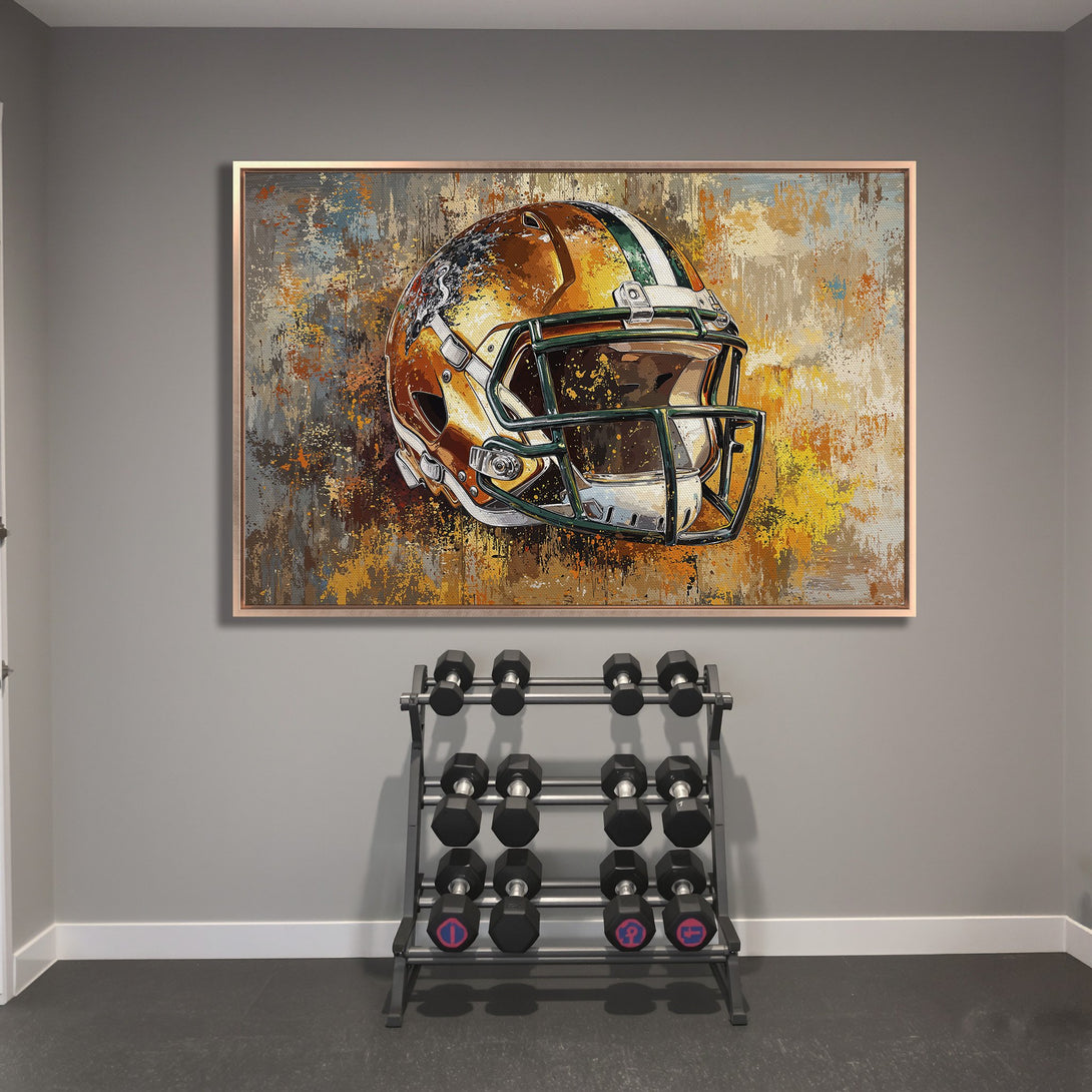 Framed Wall Art: Abstract football helmet art in warm orange, yellow, and green tones. Perfect for sports fans! Add a touch of modern style to your space.