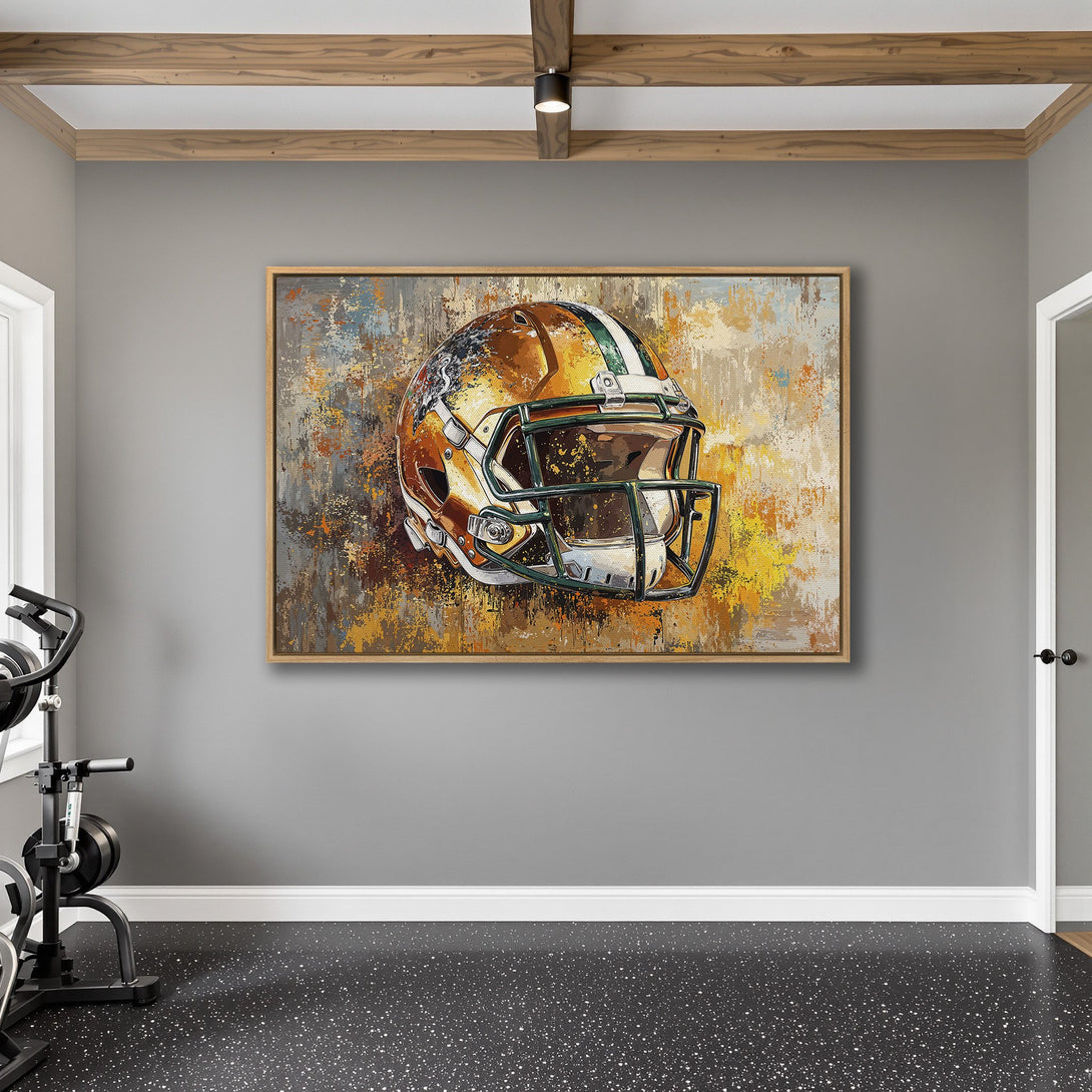 Framed Wall Art: Abstract football helmet art with a warm color palette. Elevate your space with this striking canvas print!