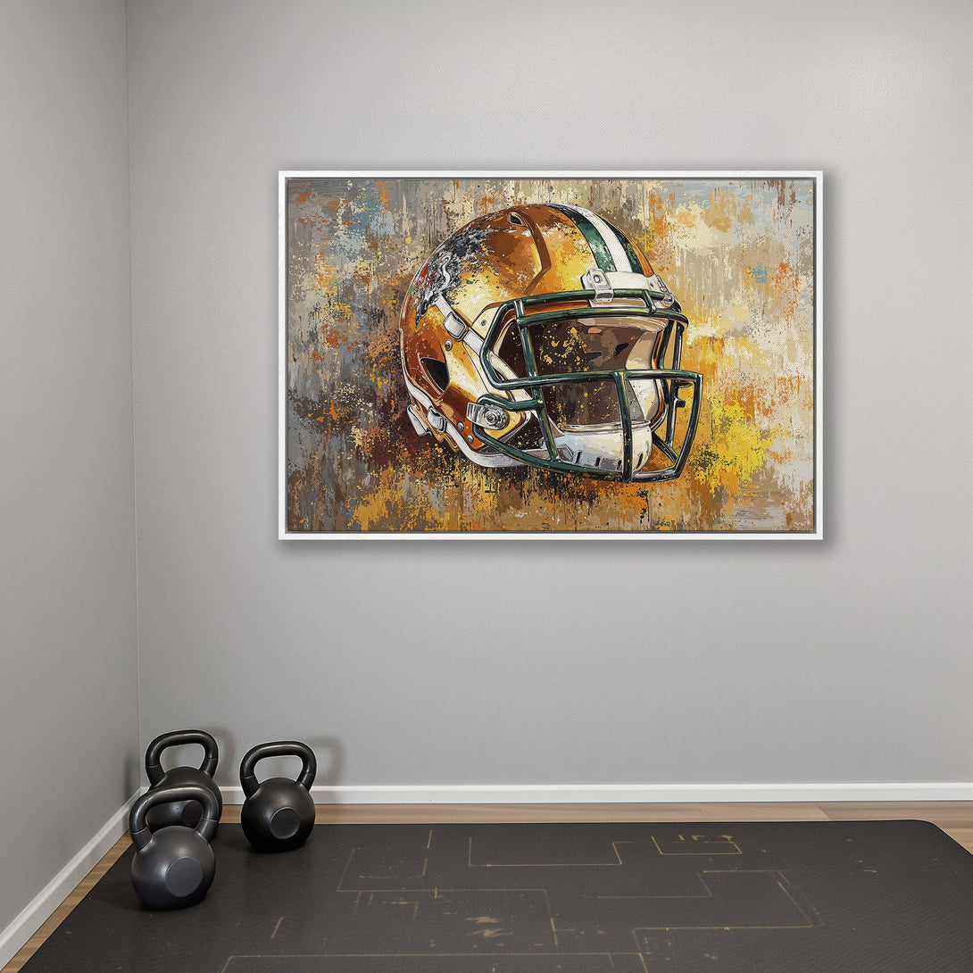 Framed Wall Art: Abstract football helmet canvas print in warm orange, yellow, and green tones. Perfect for sports fans!
