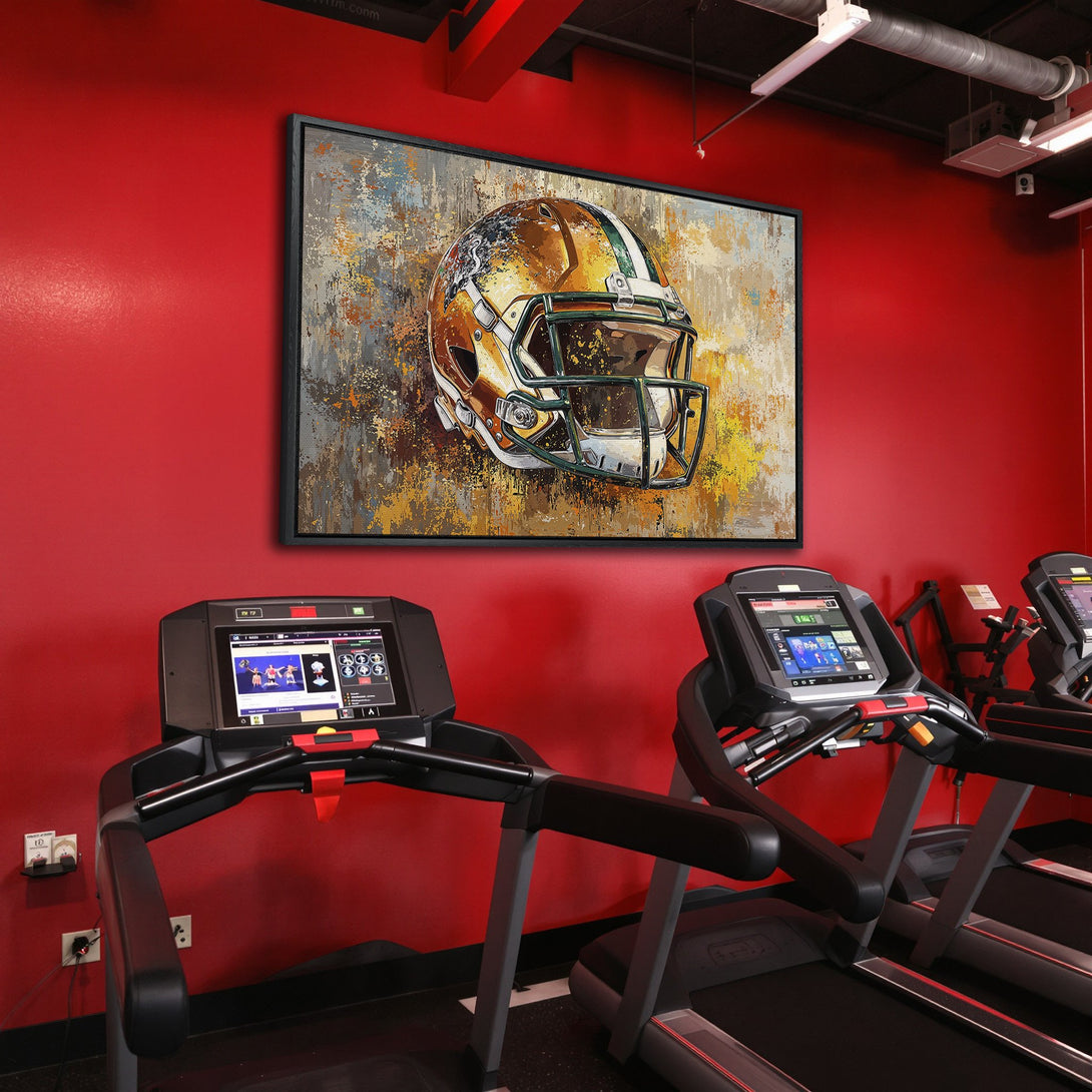 Framed Wall Art: Abstract football helmet canvas print in a gym. Features a gold, green, and brown color palette. Perfect for sports fans!
