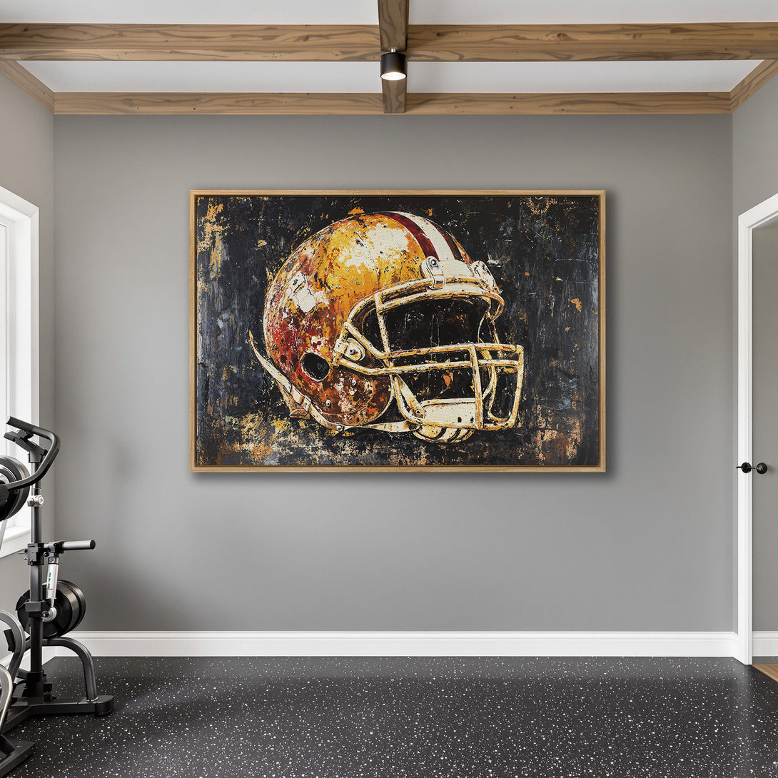 Framed Wall Art: Abstract football helmet canvas print in a modern interior. Warm gold, red, and black color palette. Perfect for sports fans!