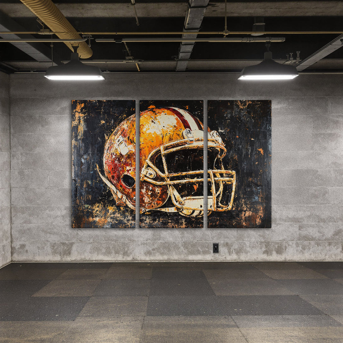 Canvas Print of a vintage football helmet in a distressed, abstract style. Warm orange, black, and white color palette. Perfect sports wall art.