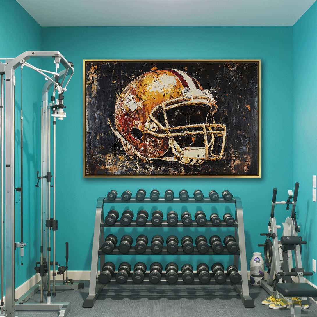 Canvas Print of a football helmet in a distressed style, with a warm, earthy color palette. Perfect for adding a touch of vintage sports decor!