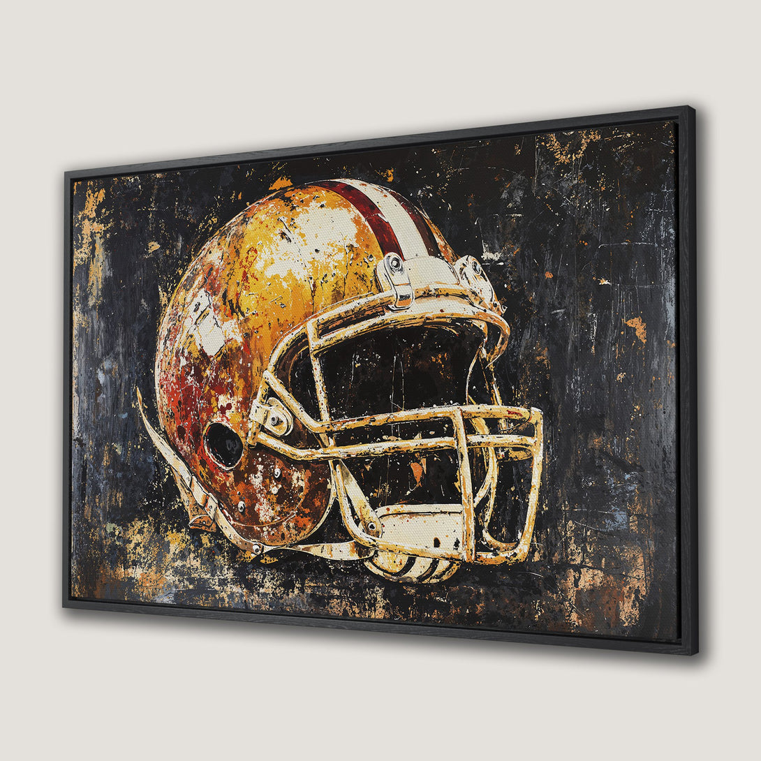 Framed Wall Art: Abstract football helmet art in a grunge style. Features a warm, earthy color palette of orange, black, and white. Perfect sports decor!