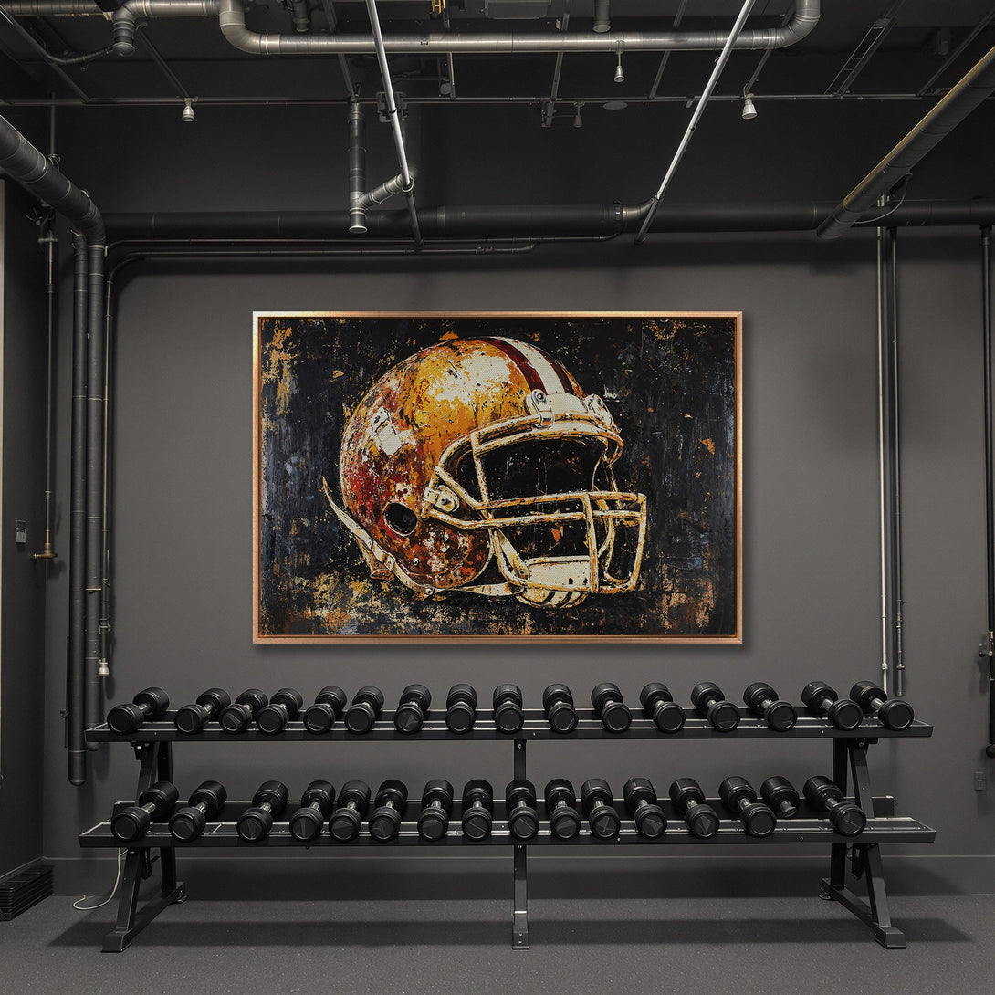 Framed Wall Art: Vintage football helmet canvas print with a grunge style and a warm, earthy color palette. Perfect for industrial or sports-themed decor.