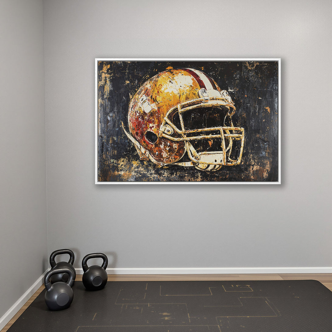 Framed Wall Art: Abstract football helmet painting in a modern style. Features a warm, rustic palette of gold, orange, and black. Perfect for sports fans!