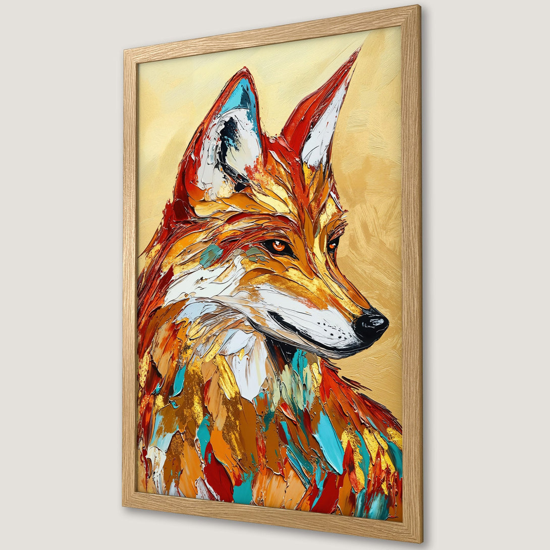 Framed Poster featuring a vibrant, textured fox painting in a warm color palette of orange, gold, and blue. Perfect wall art!