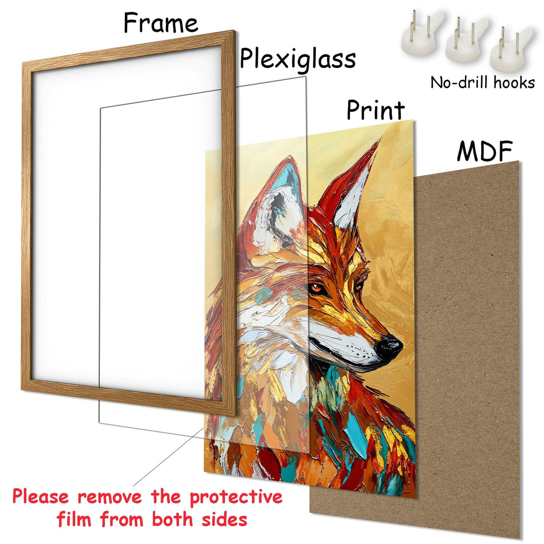 Framed Poster featuring a vibrant fox art print. Warm color palette with gold, red, and blue tones. Ready to hang!