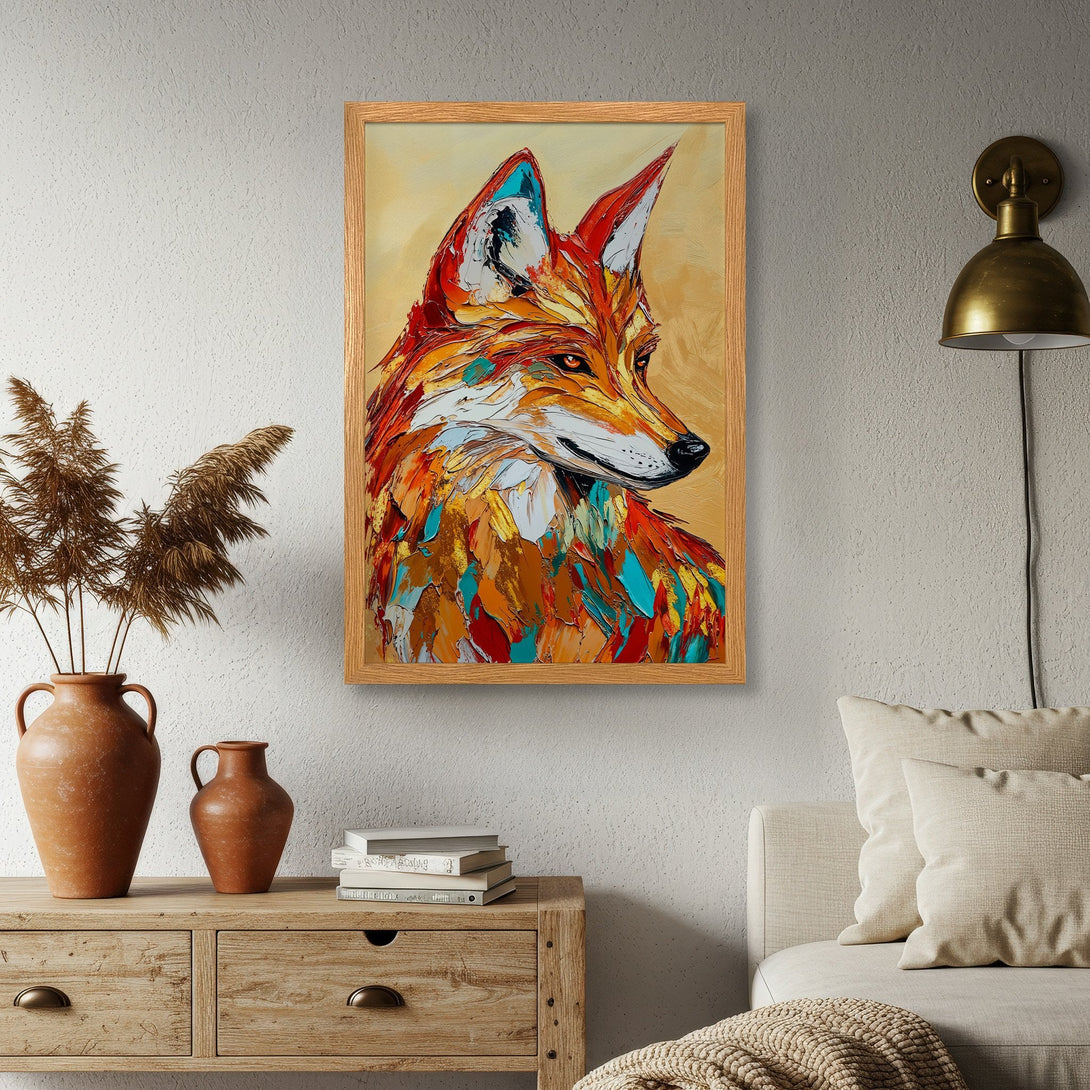 Framed Poster of a vibrant fox painting in an impressionistic style, featuring a warm orange, yellow, and blue color palette.