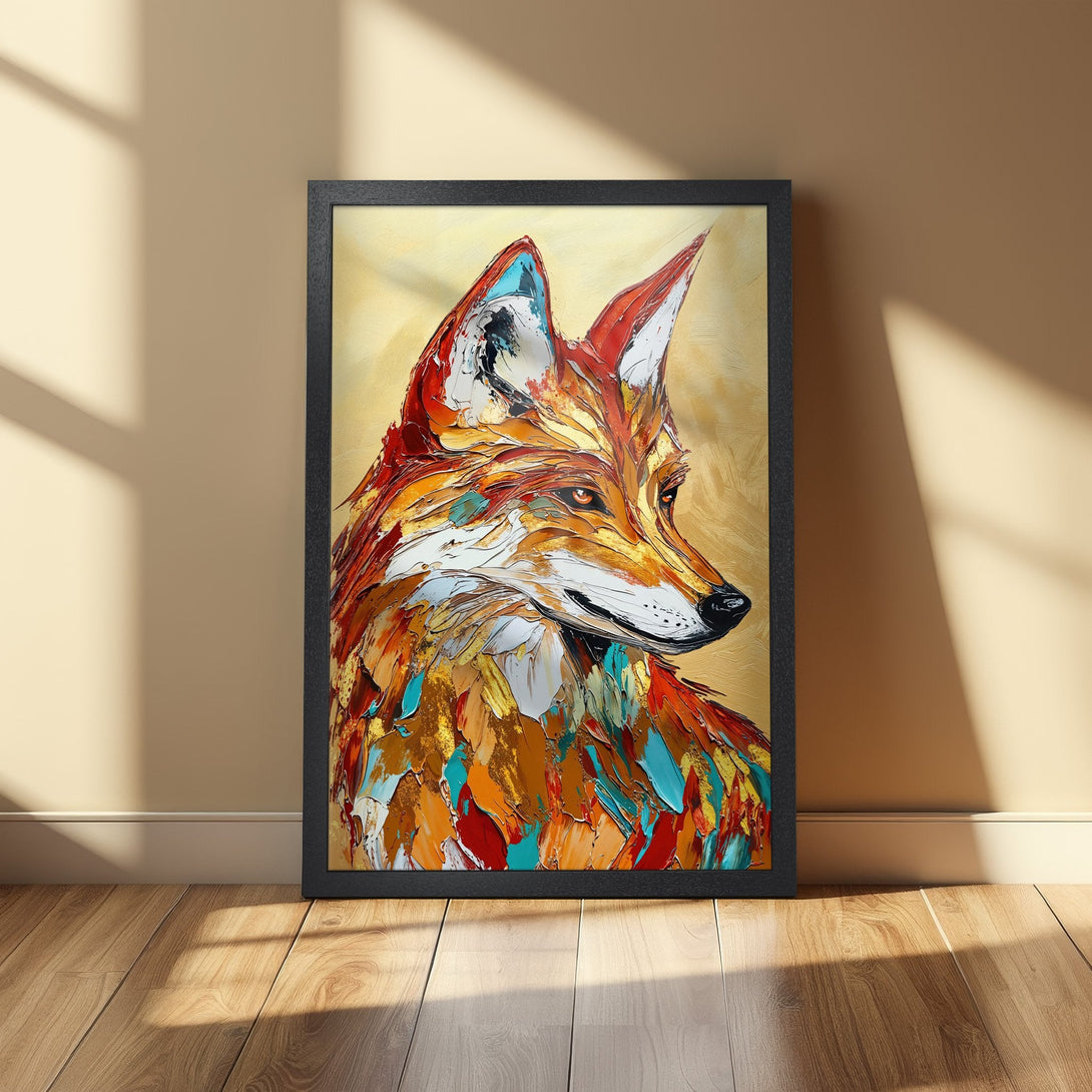 Framed Poster featuring a vibrant fox painting in an expressive, textured style. Warm color palette of orange, red, and gold.