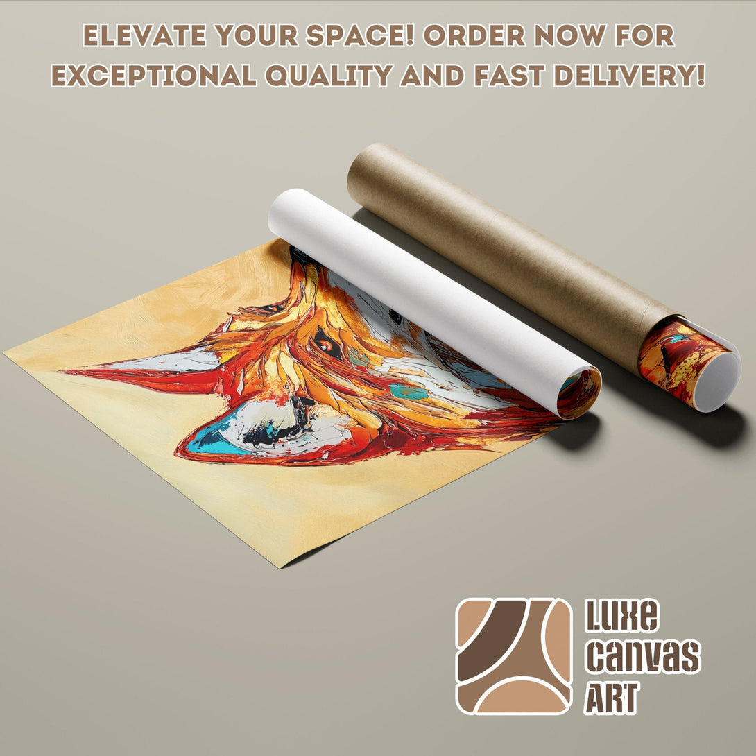 Abstract fox poster art in warm tones. Poster Roll for fast delivery. Elevate your space with Luxe Canvas Art.