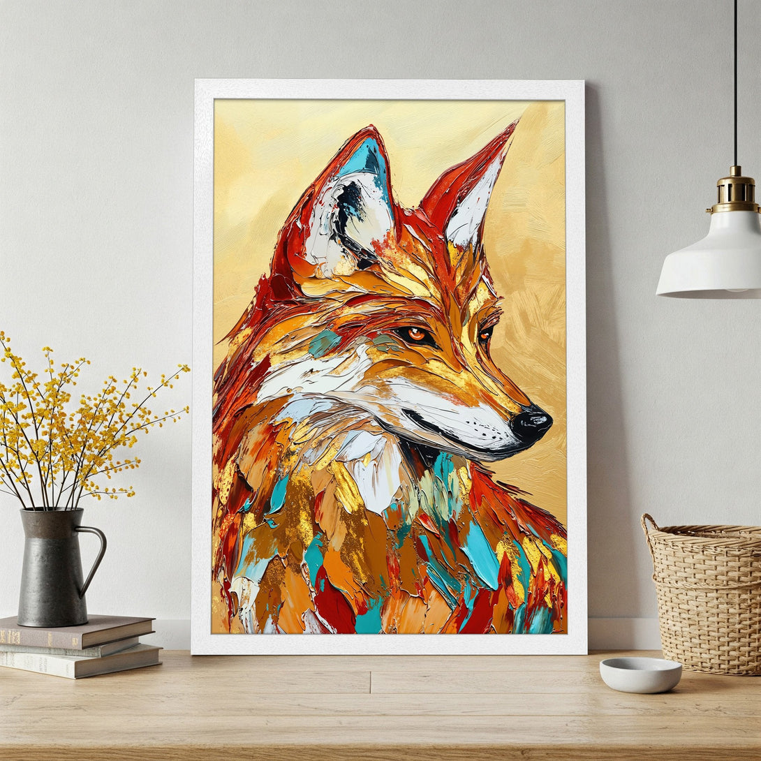 Framed Poster of a vibrant fox painting. Impasto style with warm orange, red, and gold color palette. Perfect wall art!