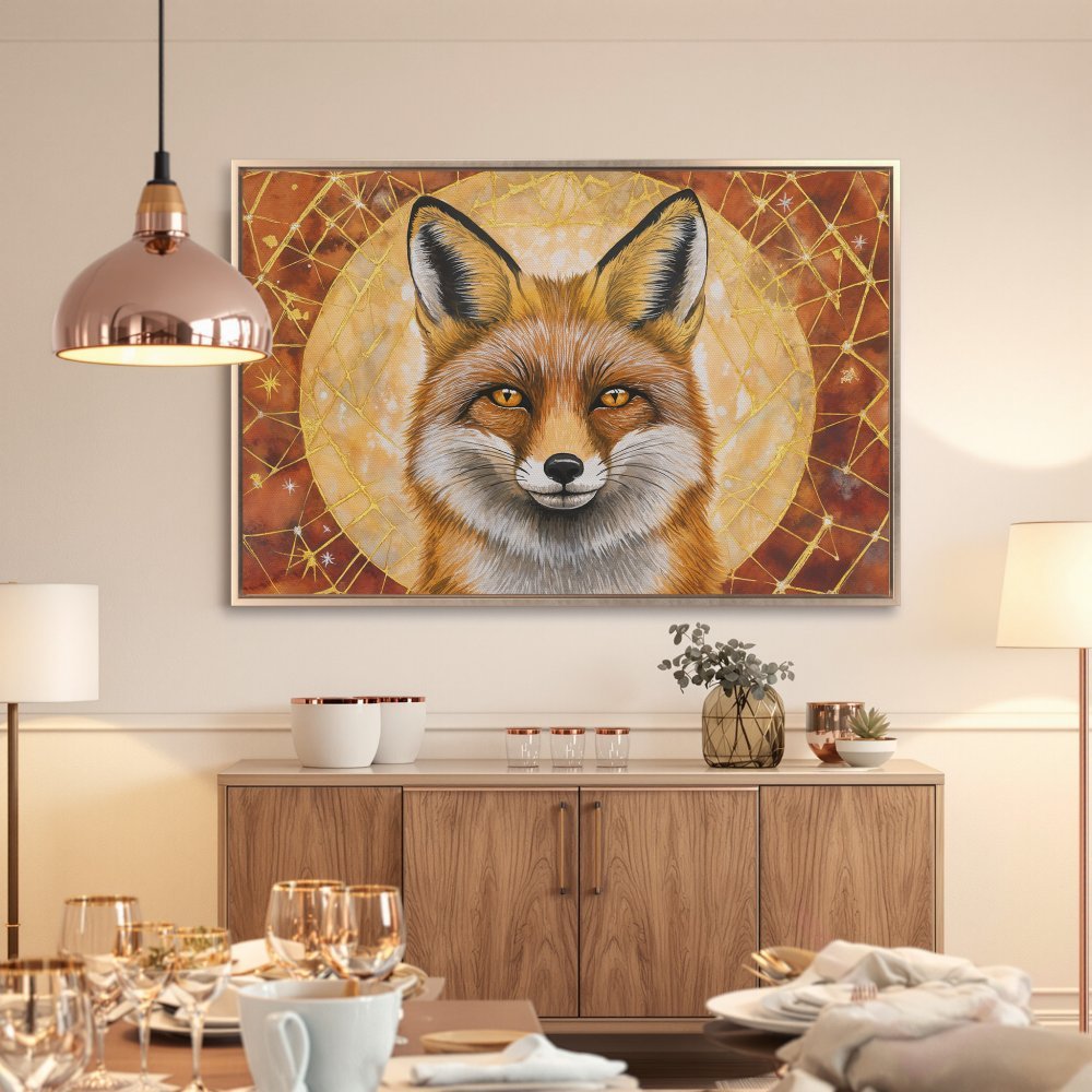 Framed Wall Art: Majestic fox portrait in warm orange and gold tones. Enhance your space with this stunning canvas print!