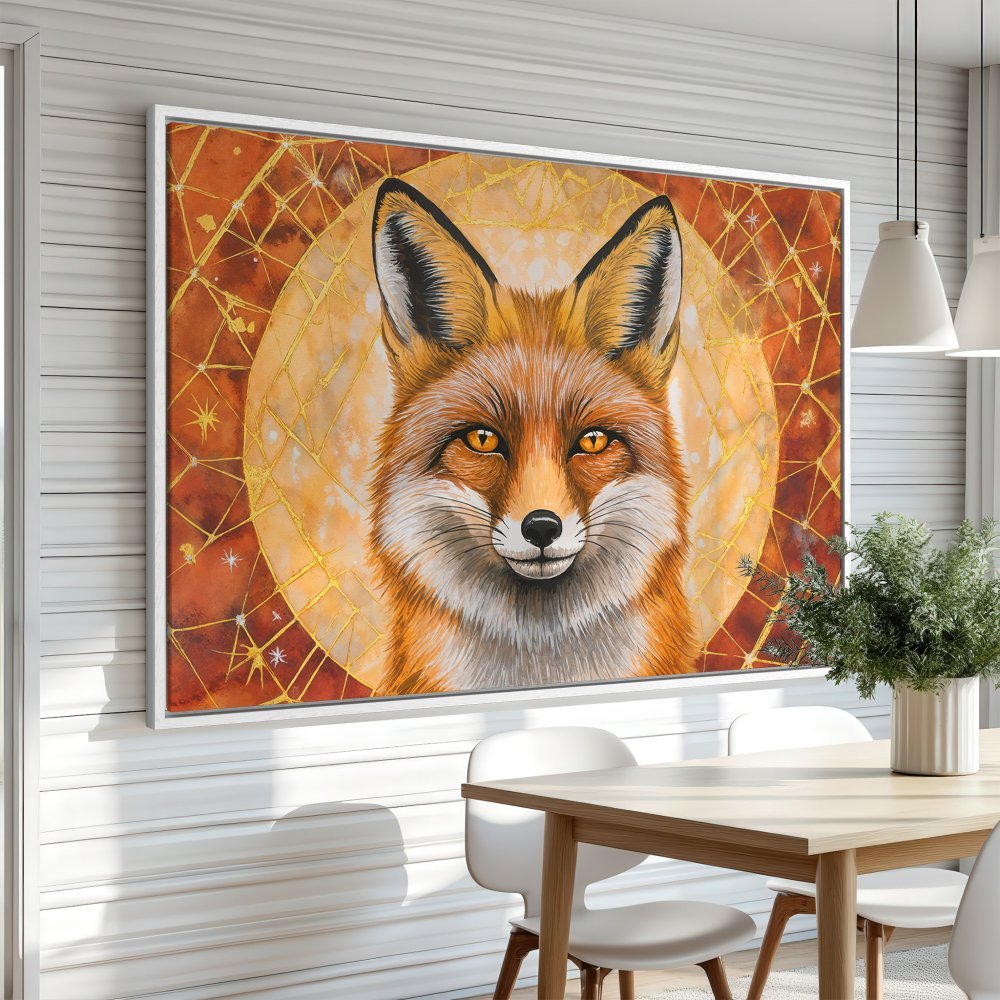 Framed Wall Art: Majestic fox portrait in warm orange & gold tones. Stunning animal art canvas print for your home decor.