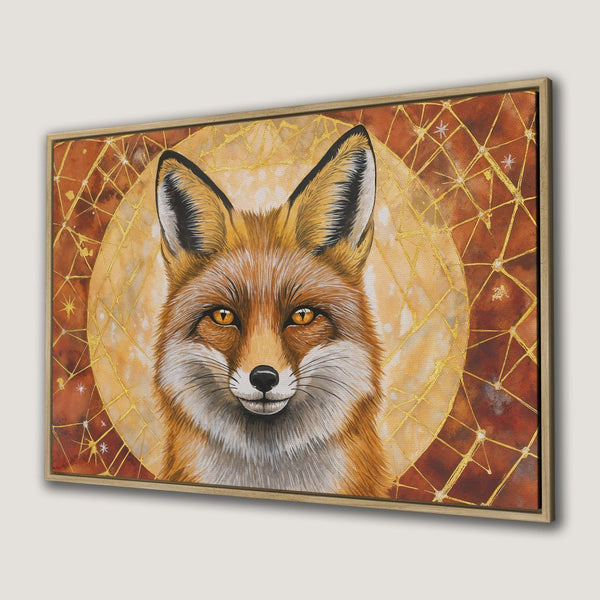 Framed Wall Art: Majestic fox portrait in warm orange and gold tones. Stylish canvas print perfect for adding a touch of nature to your home decor.