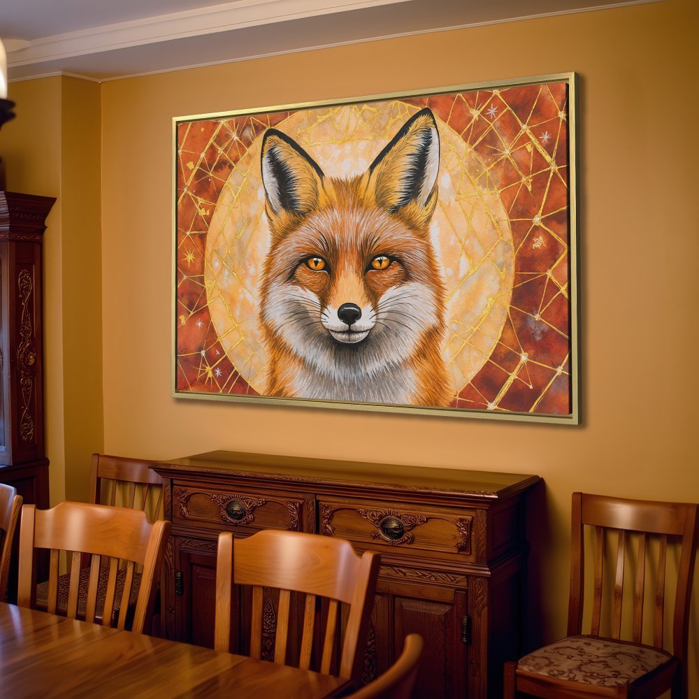 Canvas Print of a majestic fox portrait in warm orange and gold tones, adding a touch of nature and style to your living room decor.