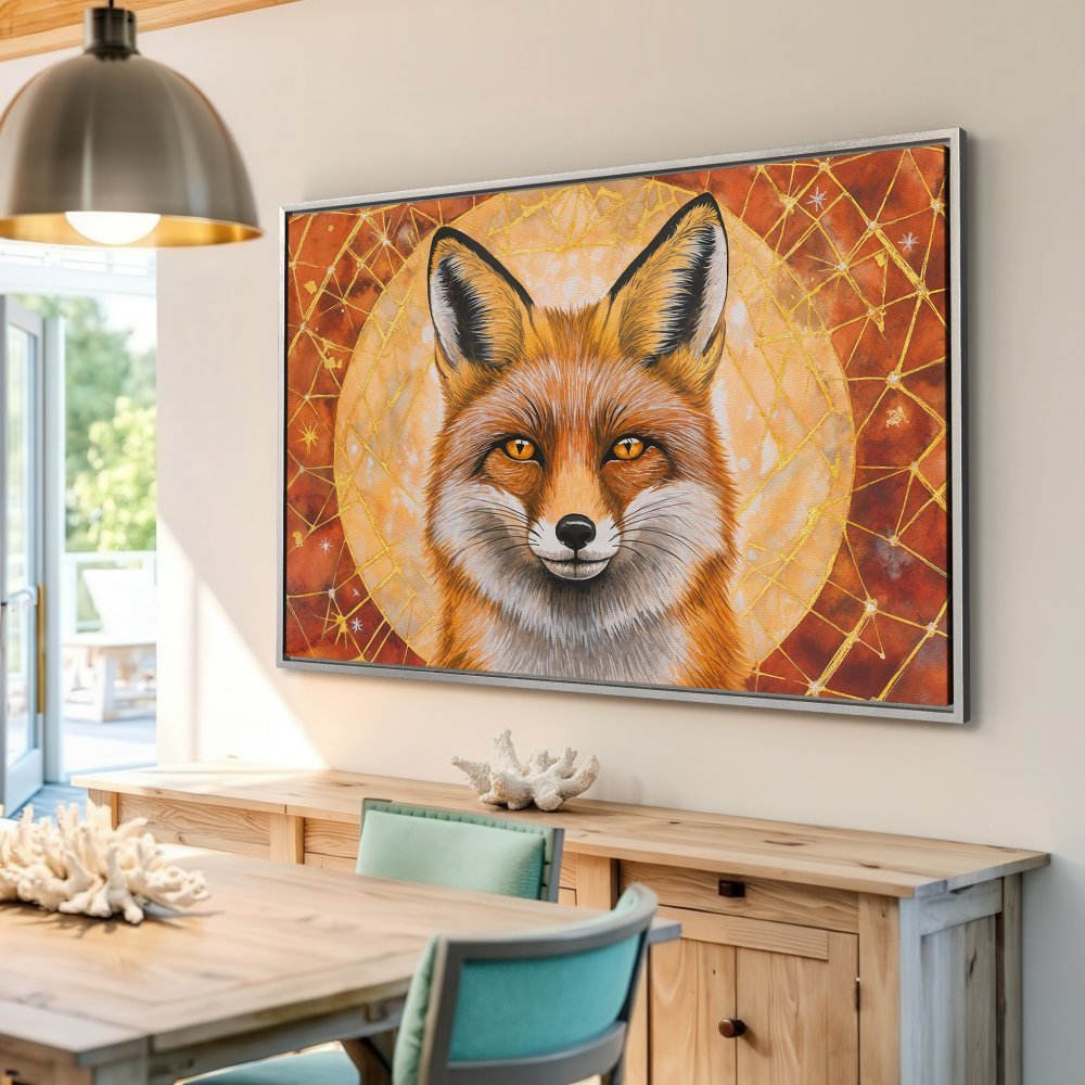 Framed Wall Art: Majestic fox portrait in warm orange and gold tones. Perfect for adding a touch of nature-inspired elegance to your home.