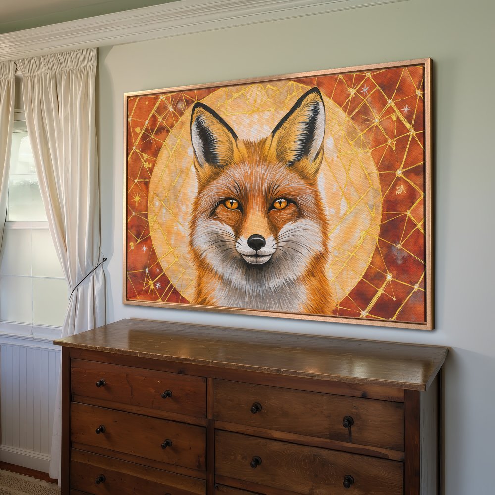 Framed Wall Art: Majestic fox portrait in warm orange and gold tones. Enhance your space with this stunning canvas print!