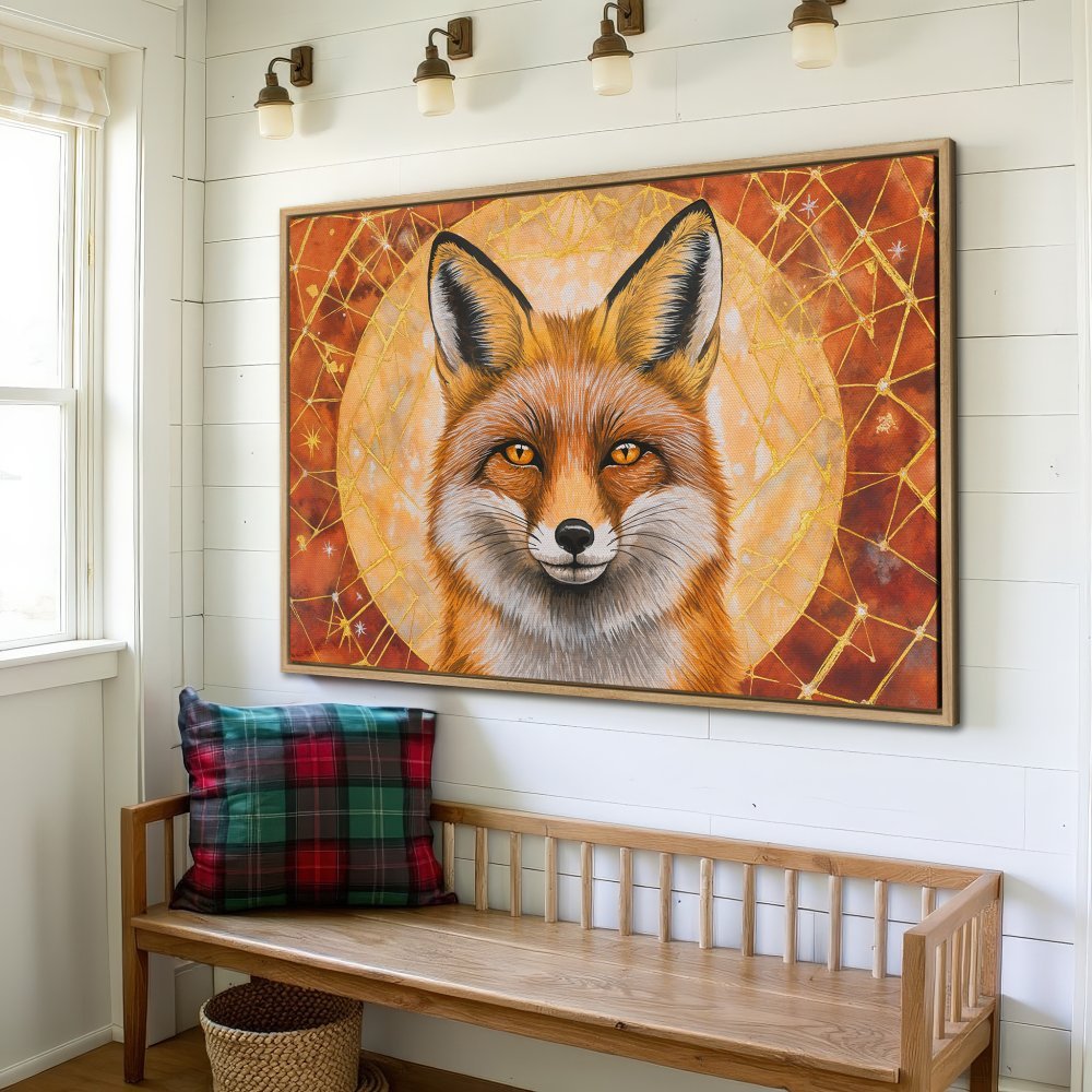 Framed Wall Art: Majestic fox portrait in warm orange and gold tones. Rustic style Canvas Print adds a touch of nature to your home decor.