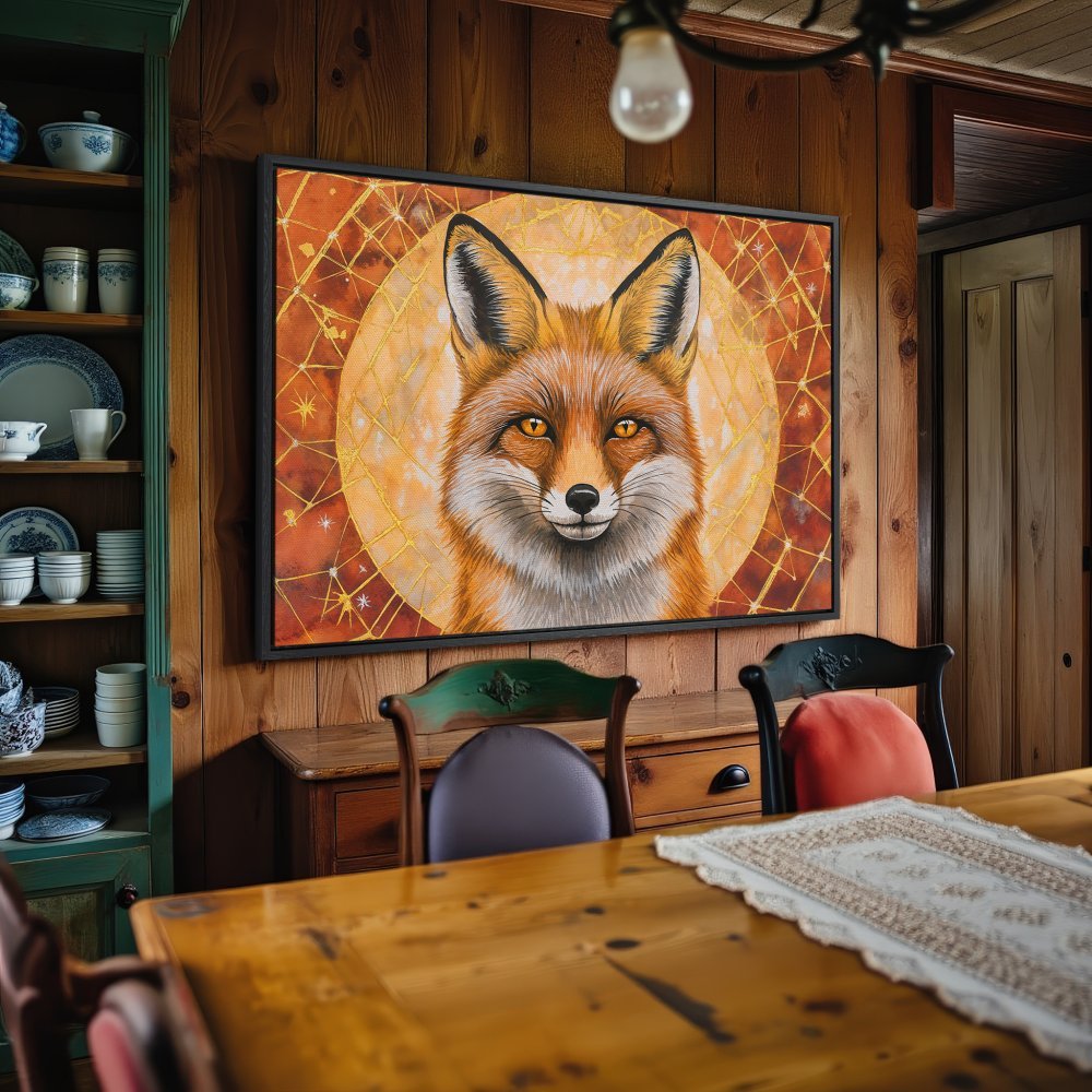 Framed Wall Art: Majestic fox portrait with warm orange and gold tones, perfect for rustic decor. Bring nature's beauty indoors!