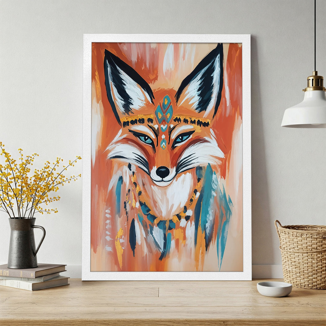 Framed Poster featuring an abstract fox artwork in warm orange, teal, and white tones. Perfect wall art for your home!