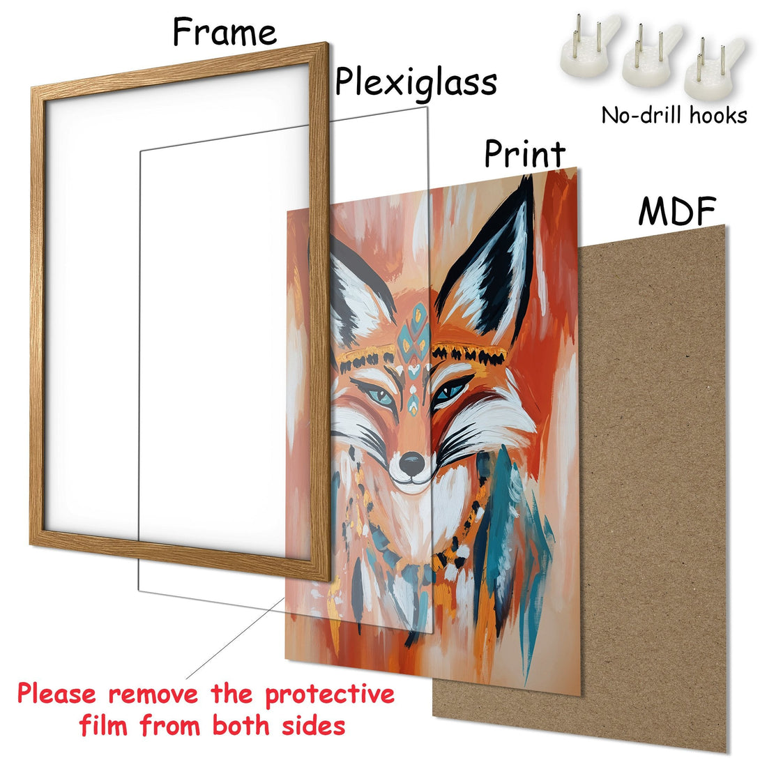 Framed Poster featuring an abstract fox design in warm orange and teal hues. Perfect wall art for your home!