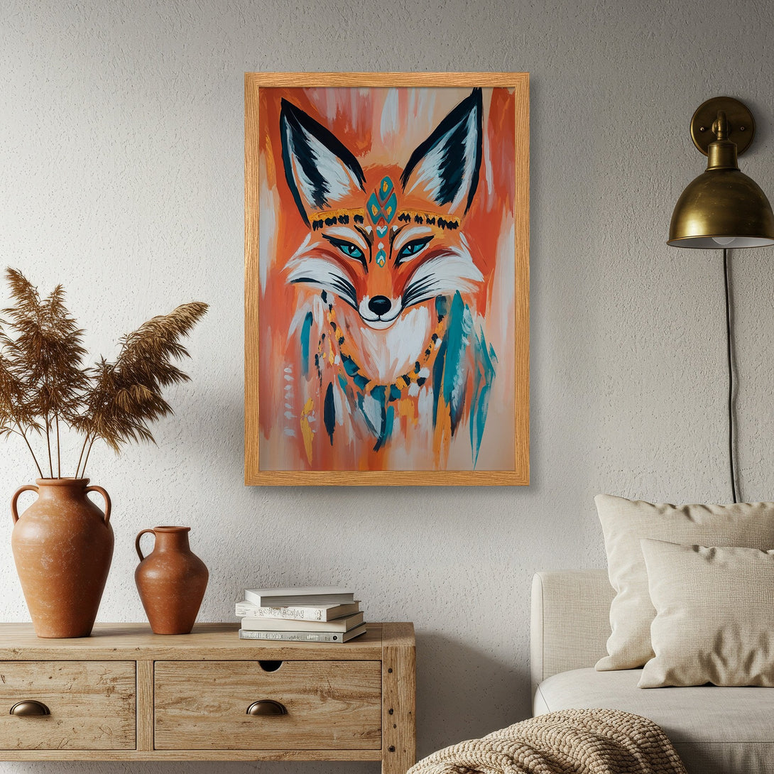 Framed Poster featuring an abstract fox portrait in warm orange, teal, and gold tones. Perfect for adding a touch of boho style to your home.