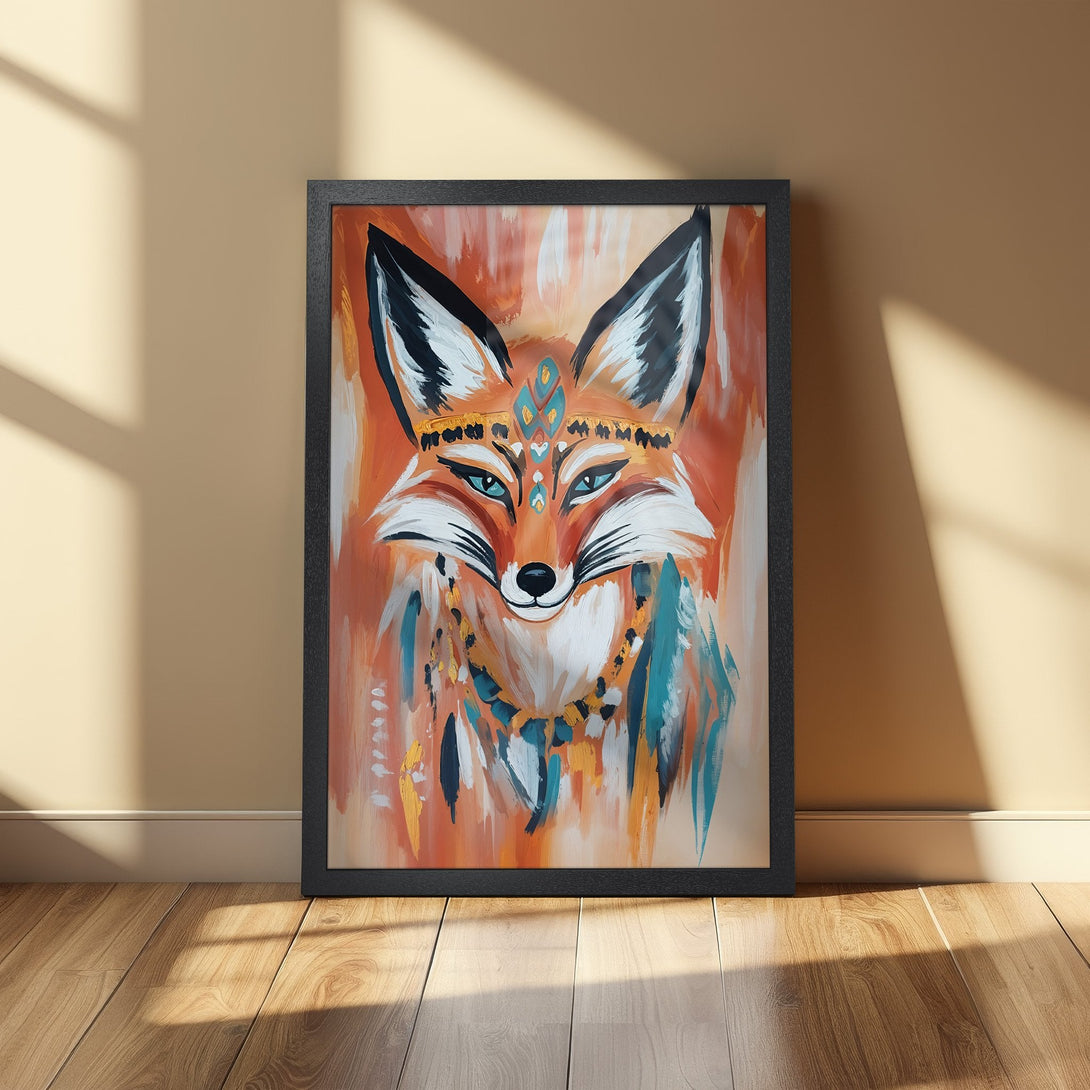 Framed Poster featuring a vibrant fox portrait in an abstract, bohemian style with orange, teal, and white hues. Perfect wall art!