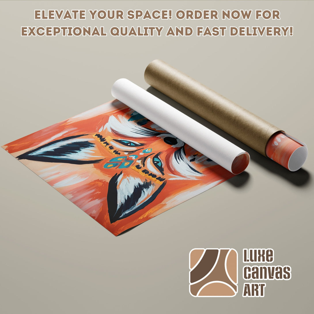 Abstract fox art Poster Roll in orange, blue, and white. Elevate your space with Luxe Canvas Art!