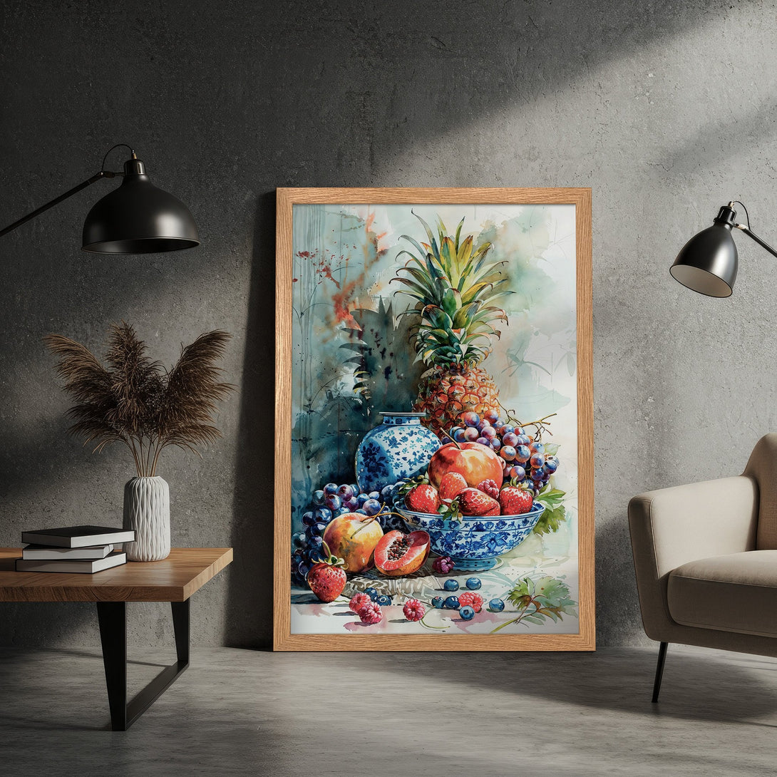Framed Poster featuring a watercolor still life of fruits with a blue and white color palette, perfect for kitchen decor.