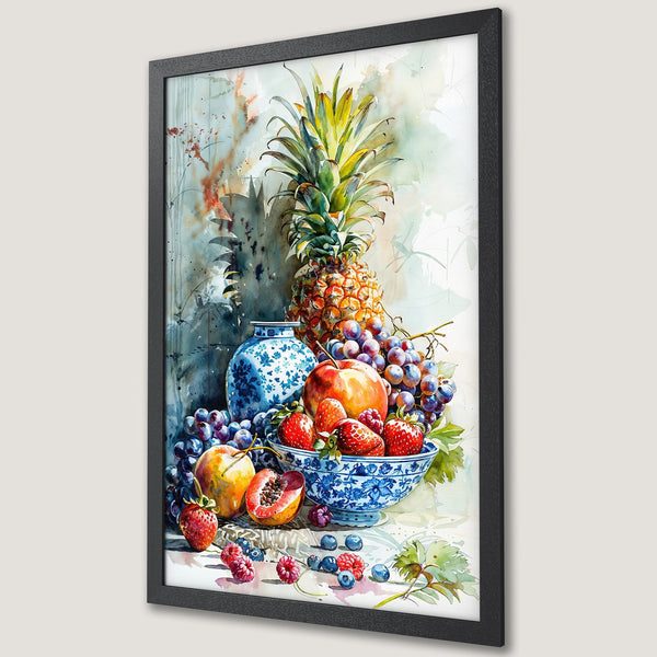 Framed Poster of watercolor fruit still life. Features pineapple, grapes, and berries in a soft, colorful palette. Perfect wall art!
