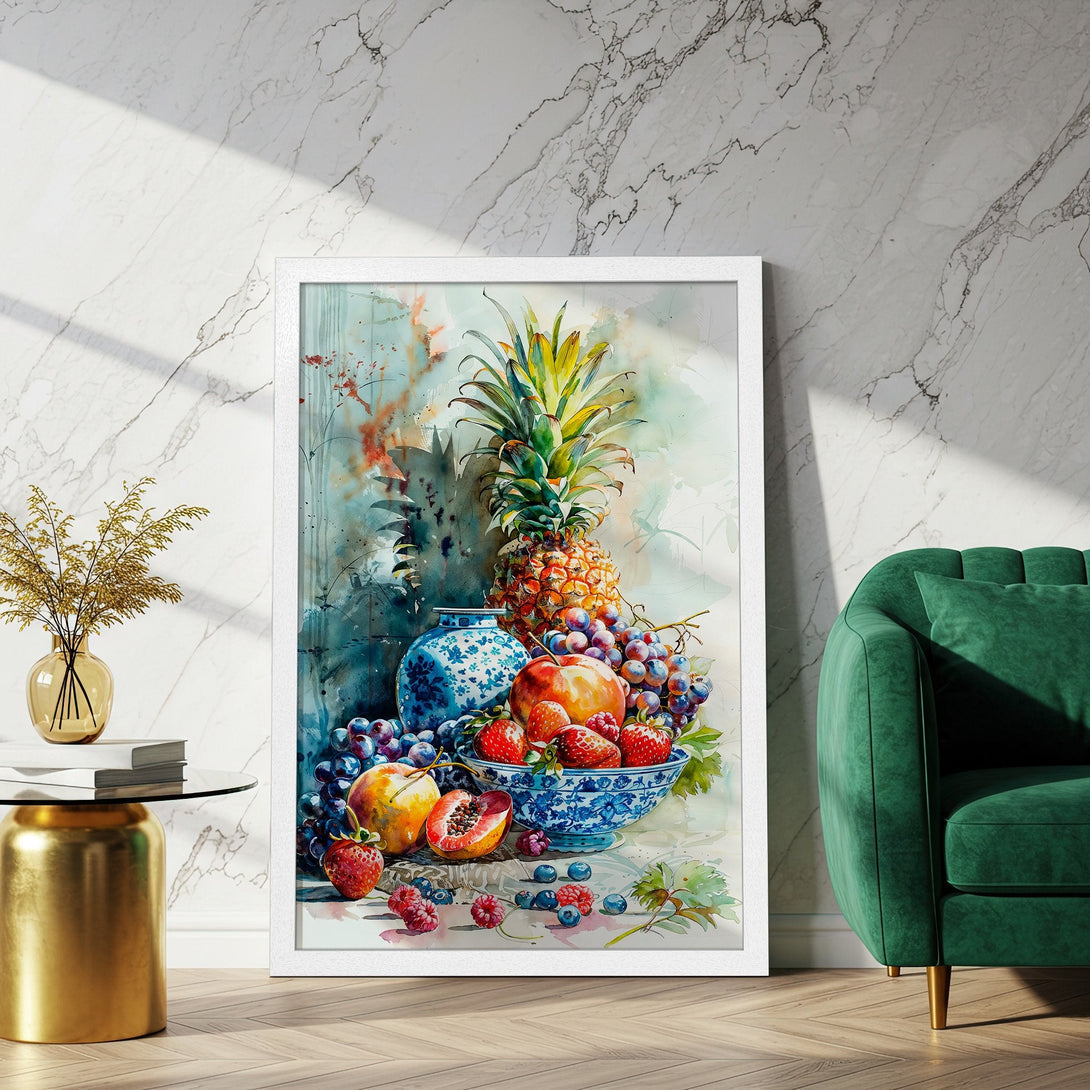 Framed Poster featuring a watercolor still life of fruits in a vibrant blue, red, and green palette. Perfect wall art!