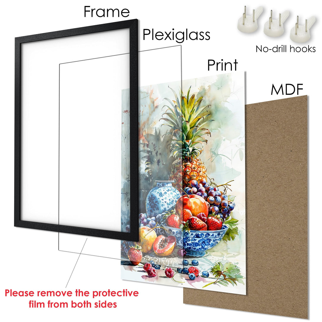 Framed Poster featuring a watercolor still life of fruits. Elegant style with a vibrant, colorful palette. Perfect wall art!