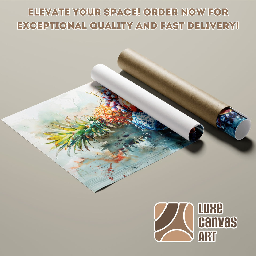 Watercolor fruit Poster Roll. Artistic style, vibrant colors, and a soothing blue/green palette. Elevate your space with Luxe Canvas Art!