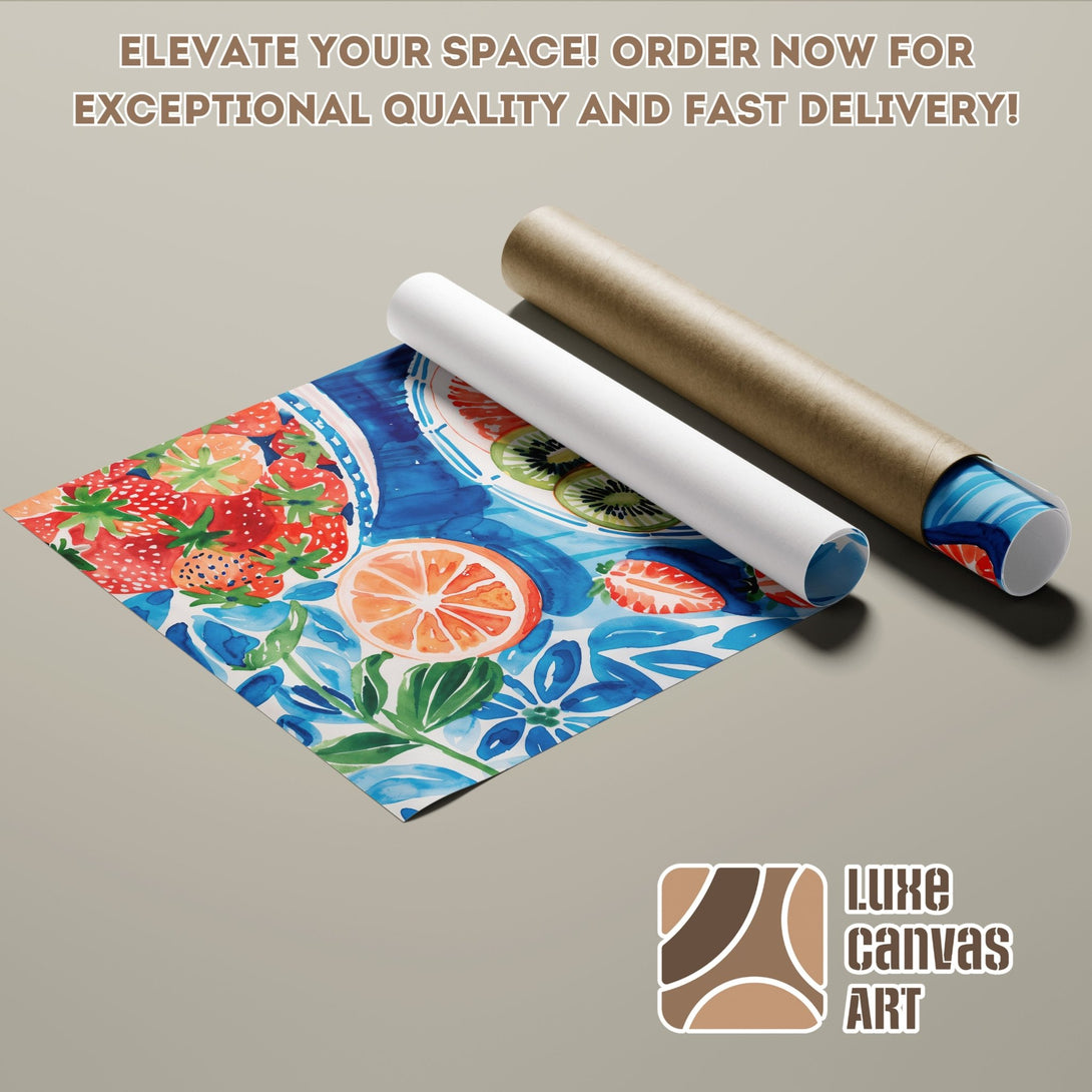 Poster Roll featuring a watercolor fruit design. Vibrant blue, orange, and red color palette. Perfect wall art for your home!