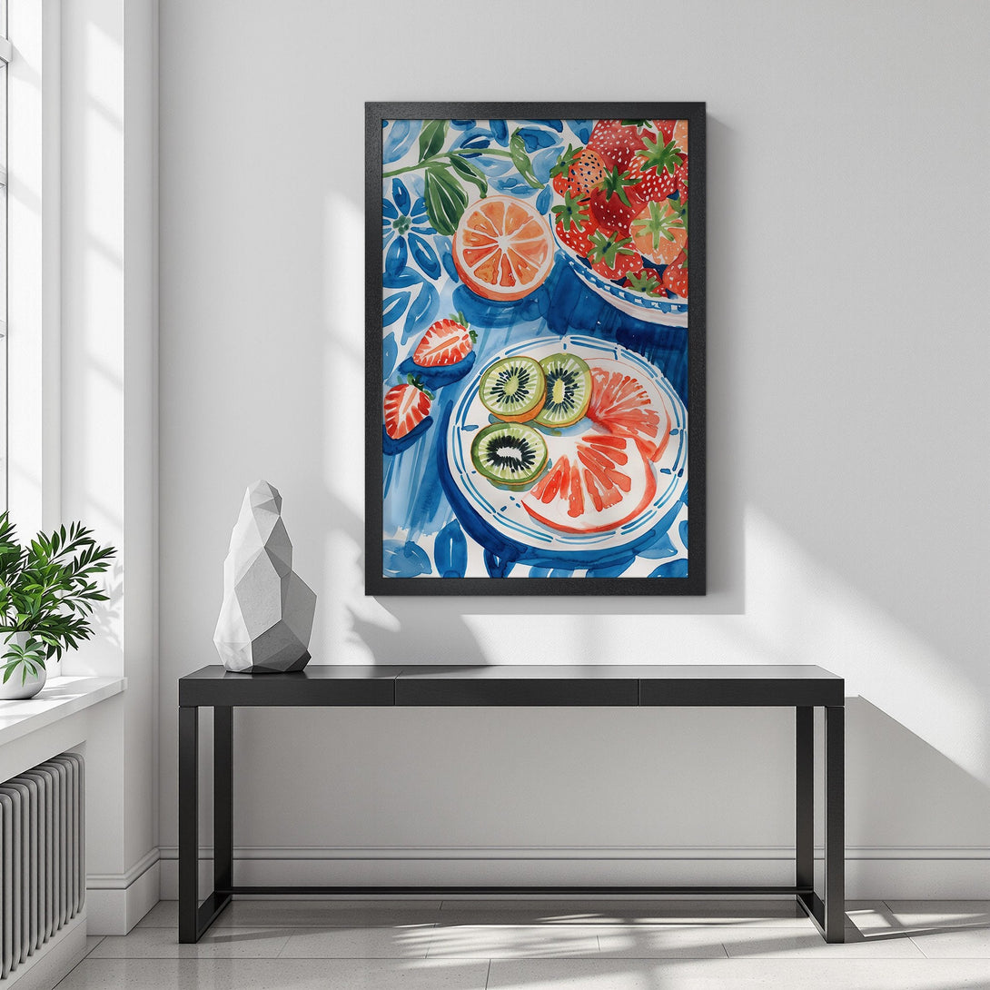 Framed Poster featuring watercolor fruit art in blue, red, and green. Add a splash of color to your space with this vibrant Poster!